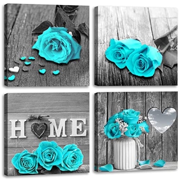Wall Decor for Living Room Teal Blue Rose Flower Bathroom Decor Bedroom Wall Decor Black and White C...