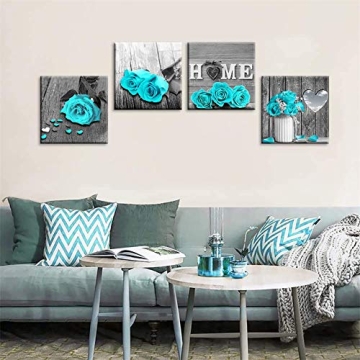 Teal Blue Rose Canvas Art Set for Home Decor