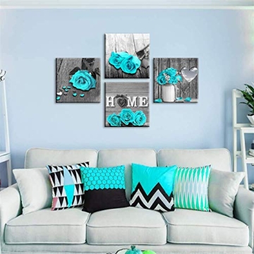 Teal Blue Rose Canvas Art Set for Home Decor