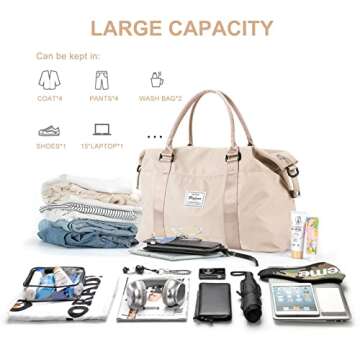 Womens travel bags, weekender carry on for women, sports Gym Bag, workout duffel bag, overnight shoulder Bag fit 15.6 inch Laptop (Large, Off White)