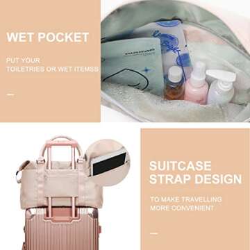 Womens travel bags, weekender carry on for women, sports Gym Bag, workout duffel bag, overnight shoulder Bag fit 15.6 inch Laptop (Large, Off White)