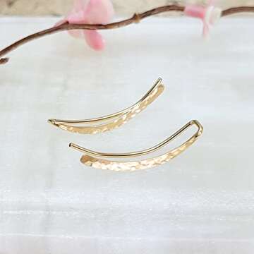 14K Gold Filled Hammered Ear Climber Earrings – Stylish Long Curved Clip-On Crawlers (Pair)