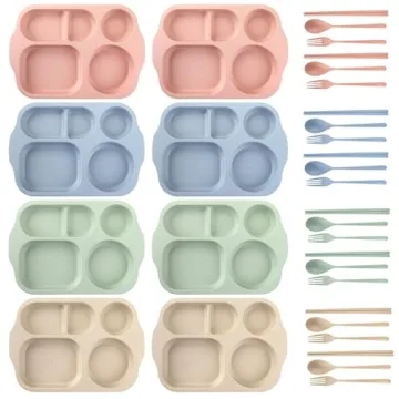 Nicunom 8 Pack Unbreakable Divided Plates for Kids Adults, 12 Inch Reusable Compartment Plates with ...