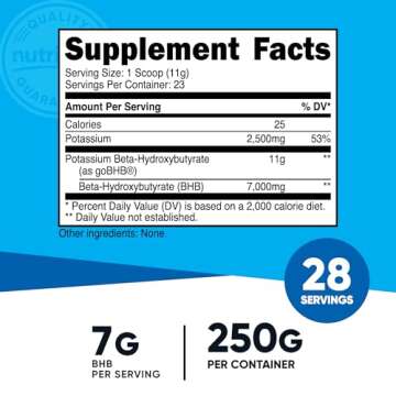 Nutricost Potassium BHB Salts, Exogenous Ketone Supplement, 6.4g Beta-Hydroxybutyrate Per Serving, 250 Grams