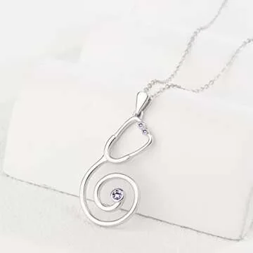 Ring Holder Necklace for Nurse - 925 Sterling Silver Stethoscope Necklaces Bcirthstone Medical Jewelry for Doctor Nurse RN Medical Student Graduation Gifts for Women (Amethyst（June）)