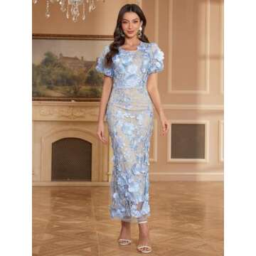 Women's 3D Floral Embroidery Dress Ruffle Sleeve Fishtail Lace Bodycon Party Cocktail Mixi Dress (US, Alpha, Medium, Regular, Regular, Sky Blue)