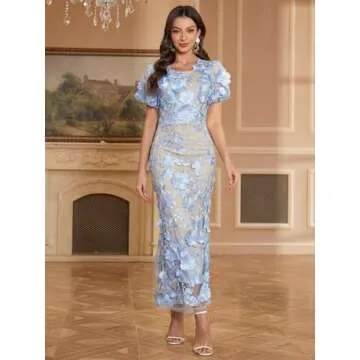 Women's 3D Floral Embroidery Dress Ruffle Sleeve Fishtail Lace Bodycon Party Cocktail Mixi Dress (US, Alpha, Medium, Regular, Regular, Sky Blue)