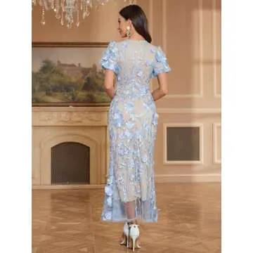 Women's 3D Floral Embroidery Dress Ruffle Sleeve Fishtail Lace Bodycon Party Cocktail Mixi Dress (US, Alpha, Medium, Regular, Regular, Sky Blue)