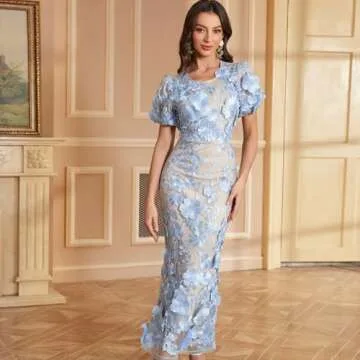 Women's 3D Floral Embroidery Dress Ruffle Sleeve Fishtail Lace Bodycon Party Cocktail Mixi Dress (US, Alpha, Medium, Regular, Regular, Sky Blue)