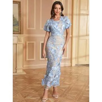 Women's 3D Floral Embroidery Dress Ruffle Sleeve Fishtail Lace Bodycon Party Cocktail Mixi Dress (US, Alpha, Medium, Regular, Regular, Sky Blue)