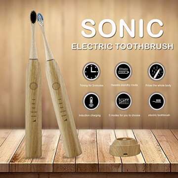 Fayet Bamboo Smart Sonic Electric Toothbrush, IPX8 Waterproof Lightweight Automatic Eco Friendly Electric Toothbrushes 5 Modes