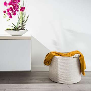 Luxurious Woven Cotton Rope Basket | Decorative, Elegant & Durable Wicker Laundry Bin | Ergonomic & Multipurpose White Blanket Storage Hamper | Stylish & Practical Nursery Organizer