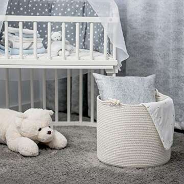 Luxurious Woven Cotton Rope Basket | Decorative, Elegant & Durable Wicker Laundry Bin | Ergonomic & Multipurpose White Blanket Storage Hamper | Stylish & Practical Nursery Organizer