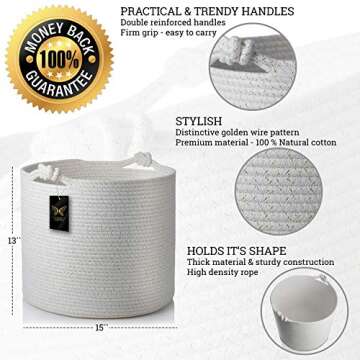 Luxurious Woven Cotton Rope Basket | Decorative, Elegant & Durable Wicker Laundry Bin | Ergonomic & Multipurpose White Blanket Storage Hamper | Stylish & Practical Nursery Organizer