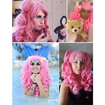 ColorGround Cute Long Curly Cosplay Wig with 2 Detachable Ponytails (Light Pink)
