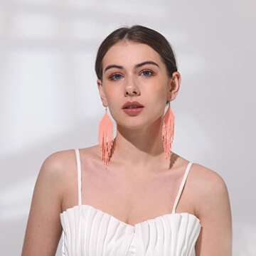 Handmade Beaded Tassel Earrings - Boho Drop Fringe Earrings for women, Native American Indian Earrin...