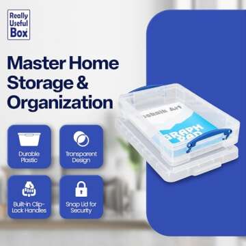 Really Useful Box 4C Plastic Stackable Storage Container with Snap Lid and Built In Clip Lock Handles for Home and Office Organization, Clear