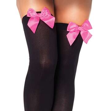 Leg Avenue Women's Satin Bow Accent Thigh Highs, Black/Neon Pink, One Size