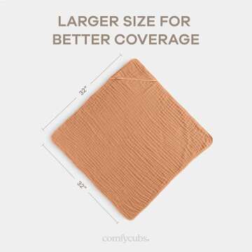 Comfy Cubs 2 Pack Baby Hooded 9 Layer Muslin Cotton Towel for Kids, Large 32” x 32”, Ultra Soft, Warm, and Absorbent Baby Essentials Bath Towels, Cute Unisex Cover for Girls and Boys (2 Pack, Caramel)