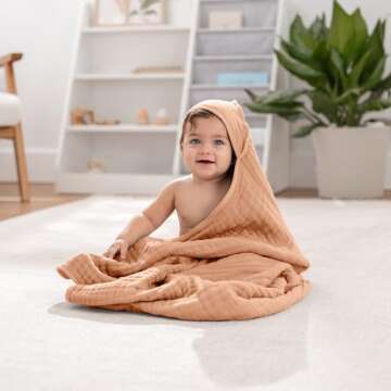 Comfy Cubs 2 Pack Baby Hooded 9 Layer Muslin Cotton Towel for Kids, Large 32” x 32”, Ultra Soft, Warm, and Absorbent Baby Essentials Bath Towels, Cute Unisex Cover for Girls and Boys (2 Pack, Caramel)