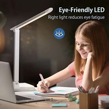 LED Desk Lamp,Eye-Caring Table Lamp with USB Charging Port, Touch Control 5 Modes 7 Brightness Levels, Foldable Office Lamp for Reading, Study, Eye Caring Light, Energy Efficient LED
