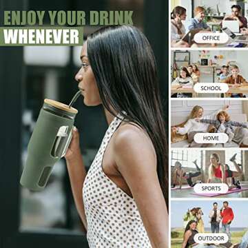 VOKOVO 46oz Tumbler with Bamboo Lid, Straw & Handle