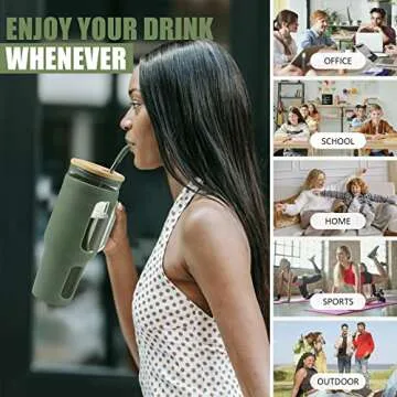 VOKOVO 46oz Tumbler with Bamboo Lid, Straw & Handle