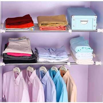 BAOYOUNI Expandable Closet Tension Shelf Rod Organizer Adjustable Storage Rack Heavy Duty Clothes Hanger Metal Space Saving Divider for Bathroom Kitchen Cupboard Wardrobe Bookshelf 32''-46'', Ivory