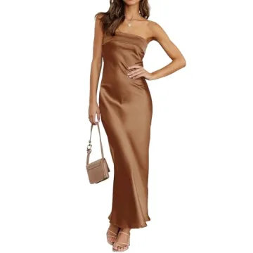 MEROKEETY Women 2024 Summer Strapless Satin Tube Bodycon Backless Wedding Guest Maxi Dress Brown Sma...