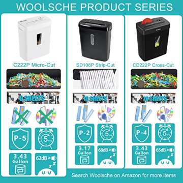 Woolsche Paper Shredder, P-5 Security Level, 6-Sheet Micro Cut with 3.43-Gallon Basket, Durable & Fa...