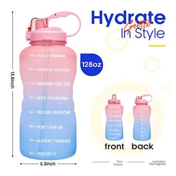 Giotto Large 1 Gallon/128oz (When Full) Motivational Water Bottle with Time Marker & Straw, Leakproof Tritan BPA Free for Fitness, Gym and Outdoor Sports-Pink/Blue Gradient