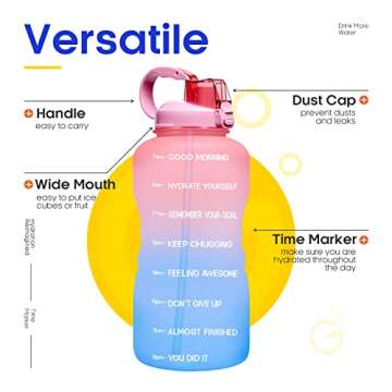 Giotto Large 1 Gallon/128oz (When Full) Motivational Water Bottle with Time Marker & Straw, Leakproof Tritan BPA Free for Fitness, Gym and Outdoor Sports-Pink/Blue Gradient