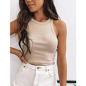 MISSACTIVER Women Basic Sleeveless Vest Crop Tank Top Casual Crew Neck Binding Crop Top (Small, Apricot)