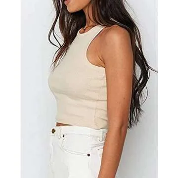 MISSACTIVER Women Basic Sleeveless Vest Crop Tank Top Casual Crew Neck Binding Crop Top (Small, Apricot)