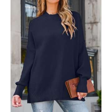 ZESICA Women's Fall Casual Long Sleeve Crew Neck Side Slit Oversized Ribbed Knit Pullover Sweater To...