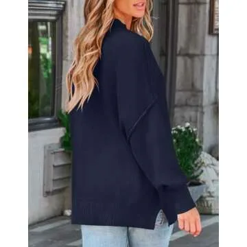 ZESICA Women's Fall Casual Long Sleeve Crew Neck Side Slit Oversized Ribbed Knit Pullover Sweater Tops,Navy,Small