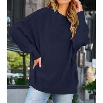 ZESICA Women's Fall Casual Long Sleeve Crew Neck Side Slit Oversized Ribbed Knit Pullover Sweater Tops,Navy,Small