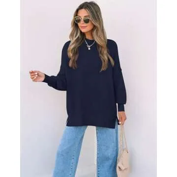 ZESICA Women's Fall Casual Long Sleeve Crew Neck Side Slit Oversized Ribbed Knit Pullover Sweater Tops,Navy,Small