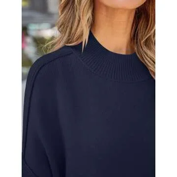 ZESICA Women's Fall Casual Long Sleeve Crew Neck Side Slit Oversized Ribbed Knit Pullover Sweater Tops,Navy,Small