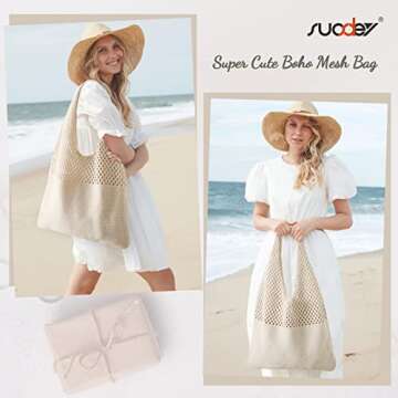 SUOSDEY Crochet Mesh Beach Tote Bag, Summer Vacation Aesthetic Knit Boho Bag for Women,beige