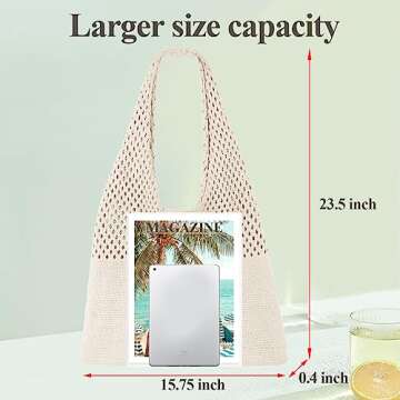 SUOSDEY Crochet Mesh Beach Tote Bag, Summer Vacation Aesthetic Knit Boho Bag for Women,beige