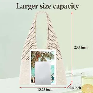 SUOSDEY Crochet Mesh Beach Tote Bag, Summer Vacation Aesthetic Knit Boho Bag for Women,beige