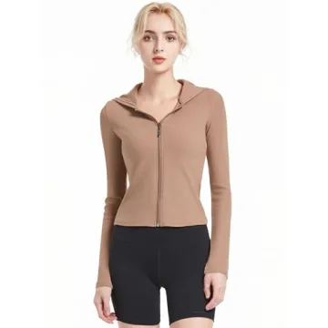 Abonlen Ribbed Hoodies for Women Lightweight Full Zip Up Jackets Long Sleeves Tops Fitted Cropped Sw...