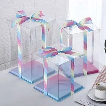 3 Layer Tall Transparent Cake Box 8" Bakery Carrier Packing with Lids, 2 Pack Clear Box for Wedding, Birthday, Anniversary Display Pack Box, Gradient Ramp Base