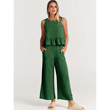 ANRABESS Women Summer 2 Piece Outfits Sleeveless Tank Crop Top Wide Leg Pants Linen Jumpsuits Lounge Matching Beach Sets Grass X-Large