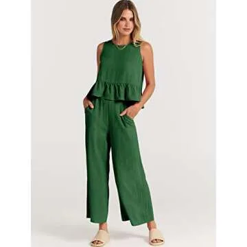 ANRABESS Women Summer 2 Piece Outfits Sleeveless Tank Crop Top Wide Leg Pants Linen Jumpsuits Lounge Matching Beach Sets Grass X-Large
