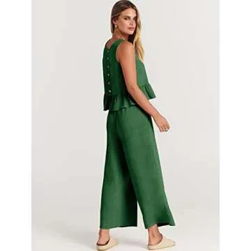 ANRABESS Women Summer 2 Piece Outfits Sleeveless Tank Crop Top Wide Leg Pants Linen Jumpsuits Lounge Matching Beach Sets Grass X-Large