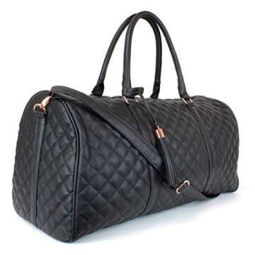 Women's Quilted Leather Weekender Travel Duffel Bag With Rose Gold Hardware - Large 22" Size - Cute Satin Inner Lining - Black
