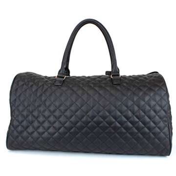 Women's Quilted Leather Weekender Travel Duffel Bag With Rose Gold Hardware - Large 22" Size - Cute Satin Inner Lining - Black