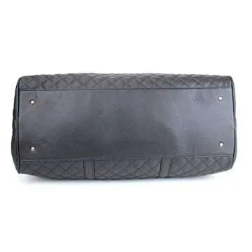 Women's Quilted Leather Weekender Travel Duffel Bag With Rose Gold Hardware - Large 22" Size - Cute Satin Inner Lining - Black